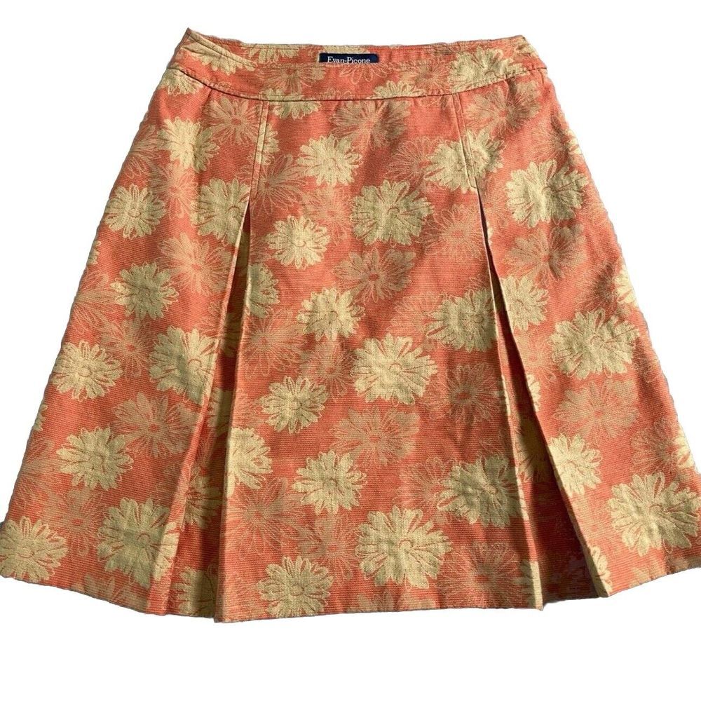 Evan Picone Cotton Pleated Skirt Womens 12 Orange Gold Tiger Lily Flower Girly